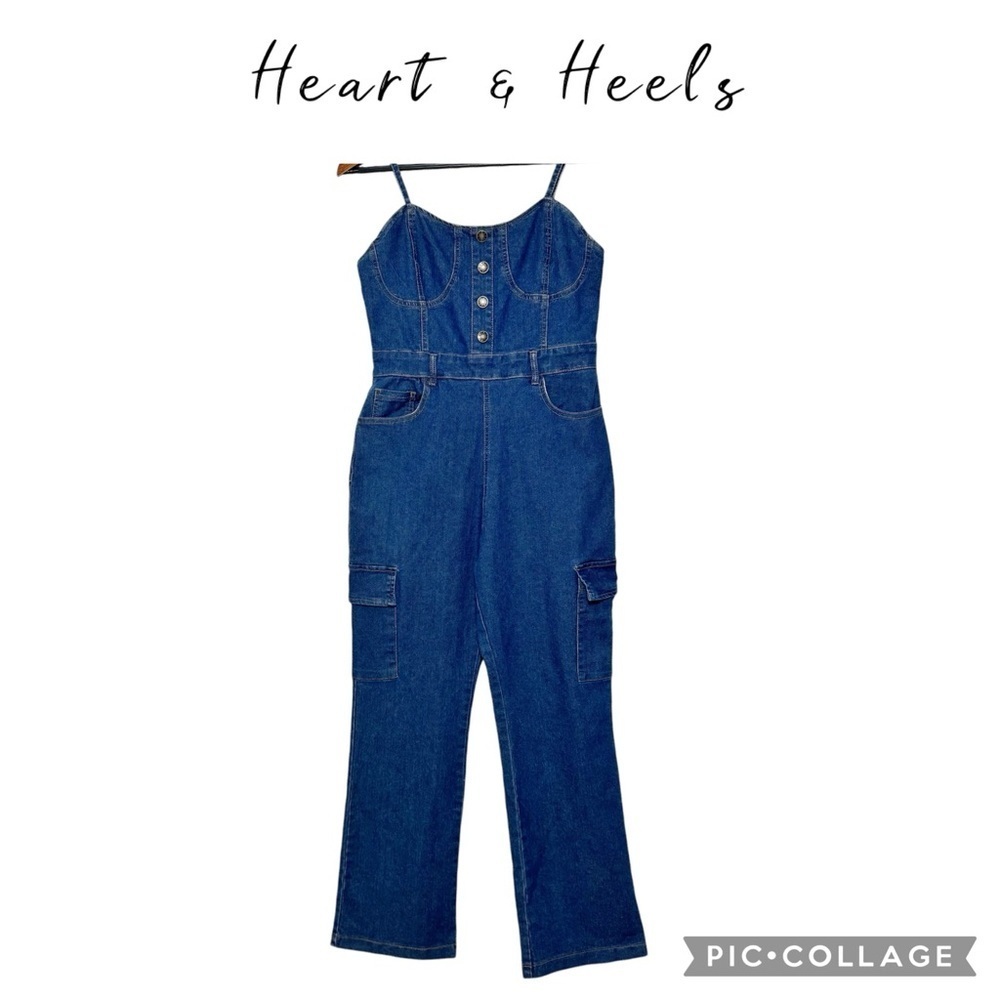 Heart & Heels Sweetheart neckline Bootcut cargo denim jumpsuit romper size L NWT